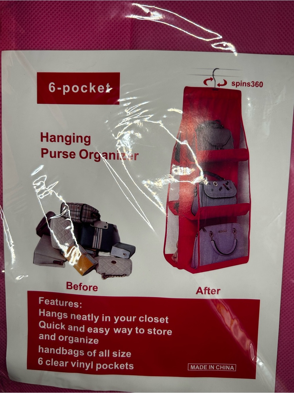Hanging Purse Organizer - Pink 6-Pocket